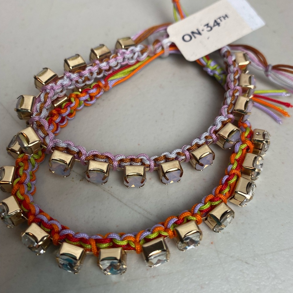ON 34th,Colorful Beaded Bracelets,clear and pink Reinstones,set of 2,adjustable